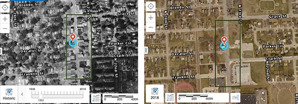 Side by side aerial views of the neighborhood in the 60s and in 2018